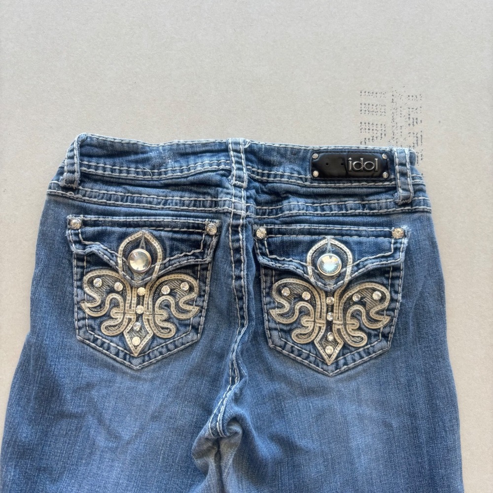 Y2K Idol USA Jeans‎ Low Rise Bootcut Rhinestone Fleur De Lis Embellished